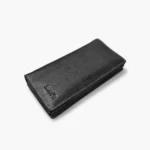 Pebble-Grain Leather Long Wallet — Black with Center Zipper